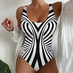 Women’s Swimwear Normal One Piece Swimsuit Striped Printing White Blue Bodysuit Bathing Suits Beach Wear Summer Sports