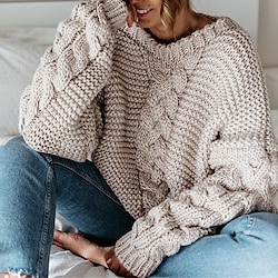 Women’s Pullover Sweater Jumper Jumper Cable Chunky Knit Oversized Crew Neck Solid Color Outdoor Daily Stylish Casual Fall Winter Black White S M L