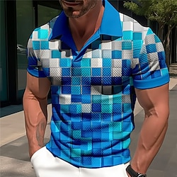 Men’s Polo Shirt Golf Shirt Cuban Collar Plaid / Check Graphic Prints Geometry Blue-Green Red Blue Green Gray Outdoor Street Print Short Sleeves Clothing Apparel Fashion Designer Casual Breathable