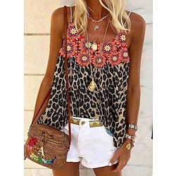 Women’s Tank Top Camisole Summer Tops Linen Blue Orange Brown Print Leopard Floral Casual Holiday Sleeveless Round Neck Basic Regular Fit Floral