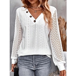 Women’s Shirt Blouse White Lace Button Plain Casual Long Sleeve V Neck Fashion Daily Basic Regular Fit Fall  Winter