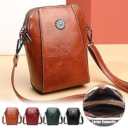 Women’s Crossbody Bag Shoulder Bag PU Leather Mobile Phone Bag Daily Holiday Large Capacity Waterproof Lightweight Buttons Zipper Solid Color Black Dark Red Yellow