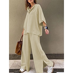 Women’s Plus Size 2 Pieces Loungewear Sets Fashion Casual Comfort Pure Color Cotton Street Daily Date V Wire Breathable Half Sleeve Pant Summer Fall Black Khaki