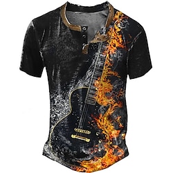 Graphic Flame Guitar Fashion Designer Comfortable 3D Print Men’s Outdoor Casual Daily Henley Shirt Tee T shirt 1 2 3 Henley Short Sleeve Shirt Spring   Fall Clothing Apparel S M L XL 2XL 3XL