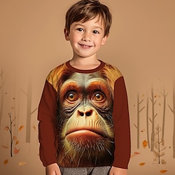 Boys 3D T shirt Tee Graphic Animal Orangutan Long Sleeve Summer Spring Fall 3D Print Polyester Sports Fashion Streetwear 3-12 Years Kids Outdoor Casual Daily Regular Fit