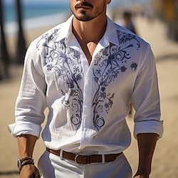Men’s Shirt Linen Shirt Turndown Floral Graphic Prints White Outdoor Street Print Long Sleeve Clothing Apparel Linen Fashion Streetwear Designer Casual