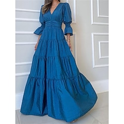 Women’s Casual Dress Plain Dress Ruched Zipper Long Dress Maxi Dress Fashion Streetwear Outdoor Street Holiday 3/4 Length Sleeve V Neck Loose Fit 2023 Red Blue Green Color S M L XL Size