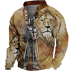 Men’s Unisex Sweatshirt Pullover Button Up Hoodie Yellow Blue Purple Brown Green Lion Knights Templar Graphic Prints Standing Collar Casual Daily Sports Print 3D Print Streetwear Designer Casual