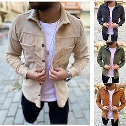 Men’s Corduroy Jacket Shirt Jacket Warm Outdoor Daily Wear Fall Winter Button Pocket Fashion Streetwear Plain Lapel Regular Pink Brown Green khaki Dark Gray Jacket