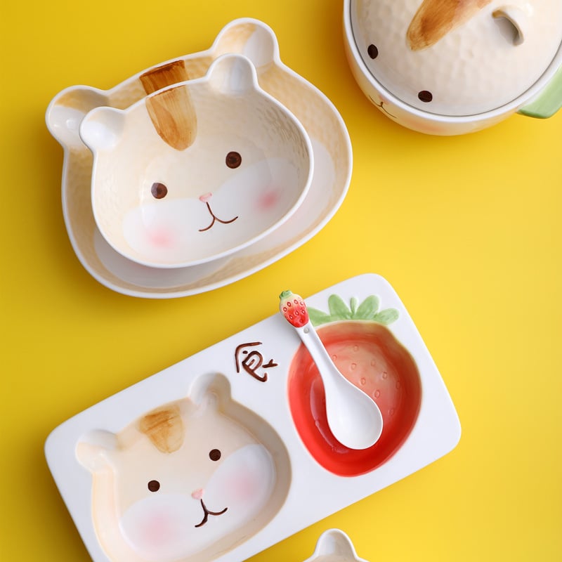 Cartoon strawberry hamster bowl and plate set children’s cute ceramic plate bowl divider plate home student tableware SaraMart UK Shopping