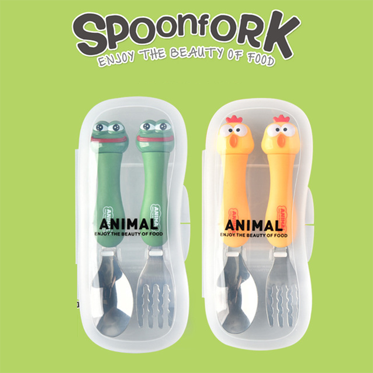 304 stainless steel fork spoon set cartoon two-piece animal travel portable lunch child fork spoon integrated set SaraMart UK Shopping
