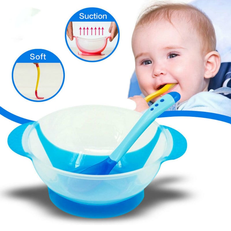 Baby Temperature Sensing Binaural Suction Cup Bowl Temperature Sensing Spoon Set Baby Feeding Suction Cup Bowl SaraMart UK Shopping