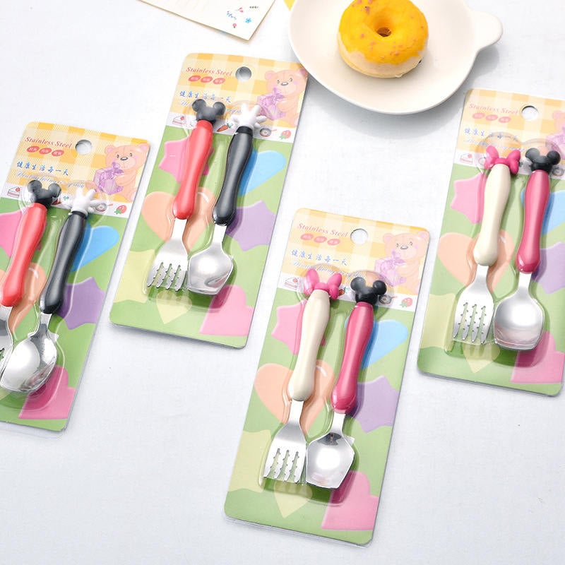 Stainless steel Minnie spoon fork children’s tableware set 2 pieces plastic handle fork spoon mother and baby shop gift SaraMart UK Shopping